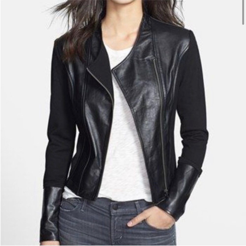 LA Made Genuine Leather and Knit Moto Jacket